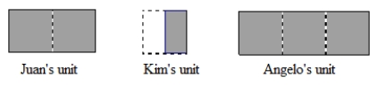 Juan, Kim, and Angelo each measured the area of a surface using the following units of measure (shaded) .   Which set of measurements could they came up with? A)  Juan: 60 units; Kim: 15 units; Angelo: 90 units B)  Juan: 60 units; Kim: 240 units; Angelo: 40 units C)  Juan: 60 units; Kim: 160 units; Angelo: 50 units D)  Juan: 40 units; Kim: 30 units; Angelo: 80 units
