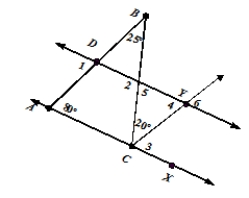 For the figure shown, with line AX parallel to line DY, find the following. For A-C use the numbered angles ONLY.    A) a pair of vertical angles B) a pair of corresponding angles C) a pair of alternate interior angles D) the measure of angle 6