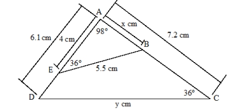 A) Explain why triangles ACD and AEB in the figure must be similar.    B) Knowing that triangles ACD and AEB are similar, find x and y in the figure.