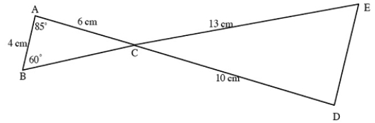 Triangle ABC is similar to triangle DEC, with E corresponding to B. If you know that AC = 6 cm in length, AB = 4 cm, CD = 10 cm, and CE = 13 cm, find the lengths of the other segments and the measures of the angles not given. Be sure to give units.     A) Length of BC = _____ B) Measure of angle BCA = _____ C) Measure of angle D = _____ D) Length of DE = _____ E) Measure of angle ECD = _____ F) Measure of angle E = _____