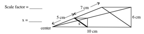 The ruler method was used to shrink the right triangle in the figure. What is the scale factor for the length of the two triangles? What is x? (Note: The figures are not drawn to scale.)  