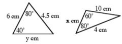 <strong>The triangles are deliberately not drawn to correct scale.   </strong> A) How do you know that the two triangles are similar? B) Find x and y. (Show your work for credit.) <div style=padding-top: 35px> 