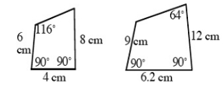 Treat the measurements in the drawing below as accurate, even though the drawings are intentionally off. Are the two quadrilaterals similar? Explain.  <div style=padding-top: 35px> 