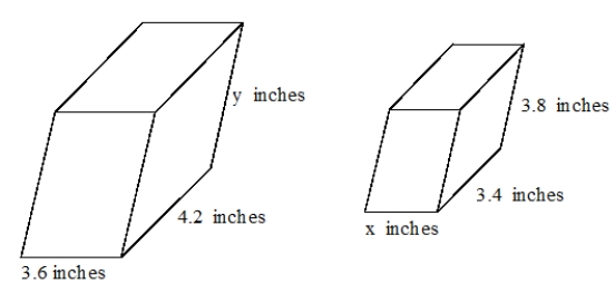 If the two polyhedra below are similar and oriented alike, then what are the values of x and y rounded to the nearest tenth?  