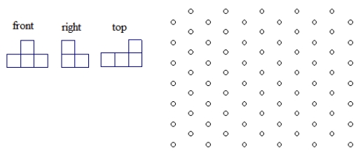 A) On isometric grid paper, sketch a three-dimensional shape with the views shown below. Interpret  front  to be  front left  and  right  to be  front right.     B) On isometric grid paper, sketch a shape congruent to the one above but from a different viewpoint.   