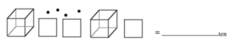 Write the base-ten numeral for the following base-eight pieces. Base-eight pieces, with the small cube (a dot here) as the unit: