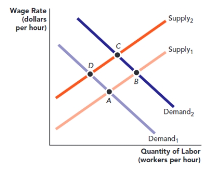 Use Figure: Equilibrium in the Labor Market. Which one of the following can shift the equilibrium from point A to point B? ​ Figure: Equilibrium in the Labor Market   A)  an increase in the rate of immigration into an economy B)  an increase in the productivity of workers in the economy C)  a decrease in the rate of immigration in the economy D)  a decrease in the productivity of workers in the economy