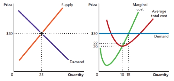 <strong>Use the figure A Perfectly Competitive Market in the Short Run II. If every firm in this market has the same costs, what will be the market price in the long run? Figure: A Perfectly Competitive Market in the Short Run II </strong> A) $29 B) $22 C) $15 D) $20