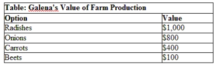 Use the table Galena's Value of Farm Production. The value of different crops that Galena can grow on her farm are given in this table. What is Galena's opportunity cost of growing radishes? ​   A)  $800 B)  $1,000 C)  $1,300 D)  $2,300