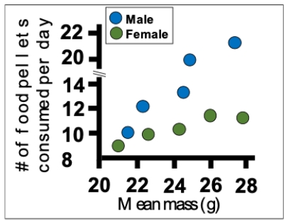 Consider an experiment in which female and male rats are weighed and then their food consumption is measured. Which of the following is NOT a flaw in the figure showing data from this experiment? ​   ​ A)  The fonts used for the two axes are different and both hard to read. B)  The symbols have identical shapes and colors with very similar shades. C)  The x-axis should extend all the way to zero to show magnitude. D)  The y-axis has a discontinuity, a sudden jump in magnitude.