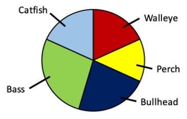 Consider a lake survey in which the relative amounts of five different types of fish are identified. Which of the following data sets matches the pie chart shown? ​   ​ A)  25% bass, 20% bullhead, 25% catfish, 15% perch, 15% walleye B)  35% bass, 15% bullhead, 15% catfish, 15% perch, 20% walleye C)  20% bass, 15% bullhead, 25% catfish, 20% perch, 20% walleye D)  30% bass, 20% bullhead, 15% catfish, 15% perch, 20% walleye