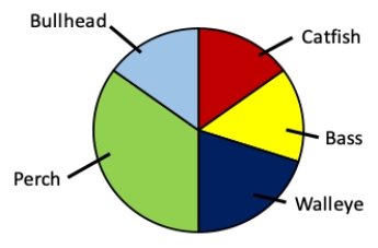 Consider a lake survey in which the relative amounts of five different types of fish are identified. Which of the following is not an aspect of poor design in the pie chart shown? ​   ​ A)  The segments are not arranged alphabetically. B)  The segments are not arranged in order of magnitude. C)  The green and light blue would be hard to tell apart if printed in black and white. D)  The yellow and red segments would be hard for most color-blind people to tell apart.