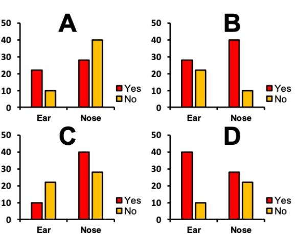  Consider a situation in which bacterial swabs were taken from the ears and noses of 50 study subjects, and the number of swabs that showed the presence of staphylococcus were measured. The table shows the results of the measurements. Which of the grouped bar graphs shown correctly depicts this data? ? Contingency table showing presence of Staphylococcus in swabs from different body parts.   \begin{array}{lll} \text { Present? } & \text { Ear } & \text { Nose } \\ \hline \text { Yes } & 40 & 28 \\ \text { No } & 10 & 22 \end{array}  ?   ? A)  Plot A B)  Plot B C)  Plot C D)  Plot D 