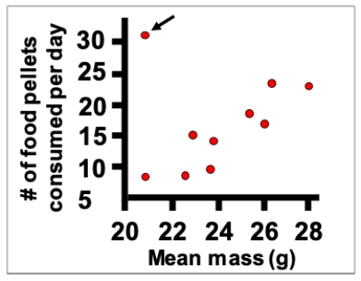 Consider an experiment in which rats are weighed and then their food consumption is measured. Which of the following terms would be used for the data point indicated with the arrow? ​   ​ A)  A deviation. B)  An exception. C)  An outlier. D)  A scattered point.