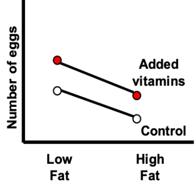 The interaction plot shown most likely represents which of the following? ​   A)  Effects of diet and vitamin treatments, and an interaction B)  Effects of diet and vitamin treatments, but no interaction C)  Effect of diet treatment, but no effect of vitamin treatment or any interaction D)  Effect of vitamin treatment, but no effect of diet treatment or any interaction