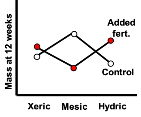 The interaction plot shown most likely represents which of the following? ​   ​ A)  Associations with environment and fertilizer treatment, and an interaction B)  Associations with environment and fertilizer treatment, but no interaction C)  An association with environment and an interaction, but no association with fertilizer treatment D)  An association with fertilizer treatment and an interaction, but no association with environment