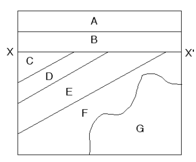 Units A, B, C, D, E, and F are sedimentary rocks. Unit G is granite.    -The horizontal line labeled X-X' is a(n)  ______. A)  angular unconformity B)  contour C)  cross-bed D)  fault