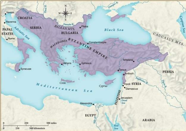 In the map depicted here, which statement is justified about the Byzantine Empire around 1025? ​   ​ A)  By 1025, Byzantine emperors could again lay claim to all towns central to Jesus's life. B)  Though in decline generally, it expanded its boundaries in the previous three hundred years. C)  By this time, the Byzantines were able to conquer the central territories of the Islamic world. D)  The Byzantine Empire stopped its expansion where the Roman Empire did, at the Nile River.