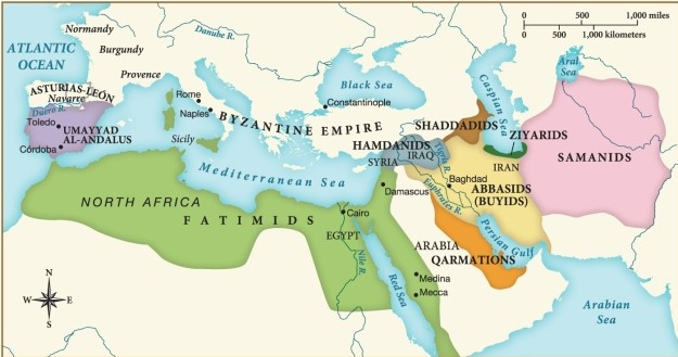 In the map depicted here, which statement is justified about the Islamic states around 1000? ​   ​ A)  Islam penetrated well into Europe in the previous two hundred years. B)  The major alteration in Islamic rule at this time was its fracturing into smaller states. C)  The Fatimid caliphate controlled much of the former Sassanid Empire. D)  The largest threat to the Byzantine Empire was the Umayyad Al-Andalus.