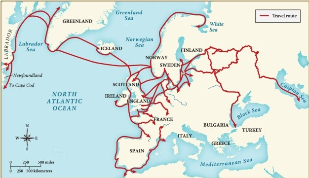 Based on this map, the Vikings primarily traveled ​   ​ A)  by sea. B)  on foot over land. C)  in small groups. D)  on horseback.