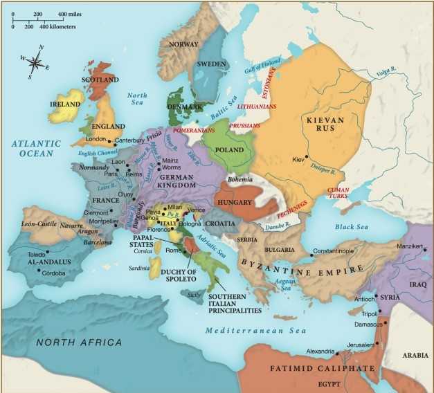 Which of the following statements about Europe and the Mediterranean around 1050 is supported by this map? ​   ​ A)  Most of Europe was part of the Byzantine Empire. B)  Europe was primarily united into large empires ruled by one emperor. C)  Most of Europe had adopted Islamic beliefs by this time. D)  Europe was comprised of many different states of a variety of cultures and societies.