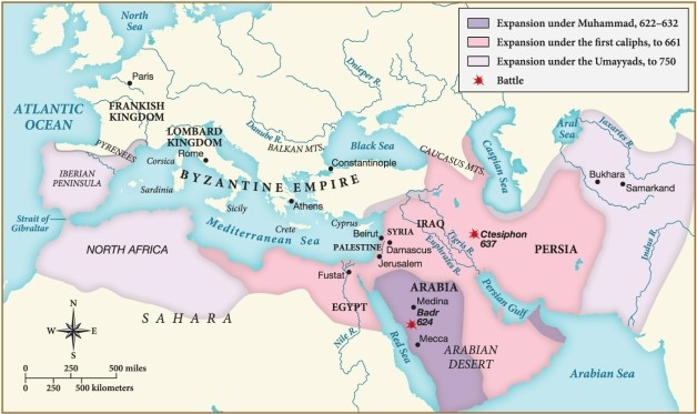 Which of the following statements about Islam's expansion is justified by this map? ​   ​ A)  From the time of Muhammad through the Umayyad dynasty, Islam expanded. B)  The faith expanded to a greater territorial extent under Muhammad than under the Caliphs. C)  Islam never penetrated into Europe or into Africa and remained primarily an Arabian religion. D)  The expansion of Islam was carried out entirely peacefully.