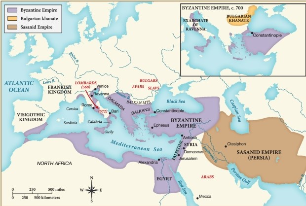 Which of the following statements is justified by the map shown here? ​   ​ A)  The Sasanid Empire assumed control of the lands formerly occupied by the Muslims. B)  The western Roman Empire had largely disintegrated as a result of barbarian invasions. C)  The Byzantine Empire assumed all lands formerly controlled by the western Roman Empire. D)  The Bulgarian Khanate was a threat to the Sasanids by c. 700.
