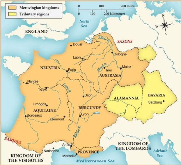 Which of the following regions was part of the Merovingian kingdoms in the seventh century? ​   ​ A)  England B)  Burgundy C)  Kingdom of the Visigoths D)  Kingdom of the Lombards