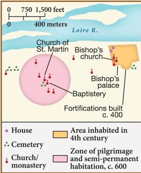 What does this map of the Merovingian city of Tours c. 600 tell us about religious life of the region? ​   ​ A)  The bishop preferred to live in the countryside, away from the people. B)  Pilgrims and others expanded the city beyond its fortified walls within three hundred years. C)  Care of the dead's remains was the purview of the state, not the church. D)  The palace of the bishop was a significant pilgrimage center by 600.