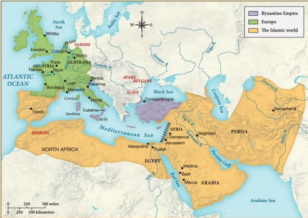 According to this map, which of the following can be said about Islam by about 750? ​   ​ A)  The Islamic world was significantly threatened by Christianity in Europe. B)  The Islamic world was in steep decline due to conquering by the Byzantine Empire. C)  The Islamic world dwarfed Europe and the Byzantine Empire in size and influence. D)  The Islamic world failed to influence any regions north of the continent of Africa.