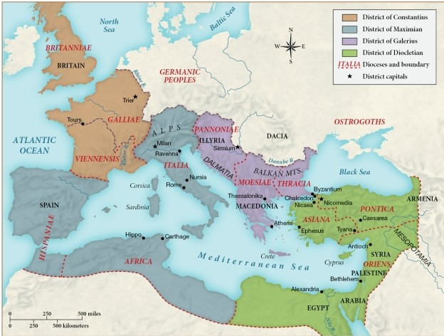 Based on this map, which of the following districts would have been the most vulnerable to invasion by Germanic peoples? ​   ​ A)  District of Diocletian B)  District of Africa C)  District of Hispaniae D)  District of Constantius