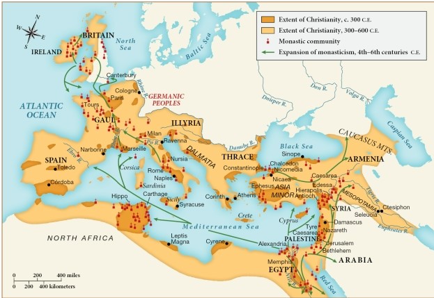Which of the following statements is supported by this map? ​   ​ A)  Christianity spread significantly between 300 and 600 C.E. B)  Monastic communities were rare in areas of early Christian influence. C)  Monasticism expanded from Spain throughout the region. D)  The influence of Christianity declined from 300 to 600 C.E.