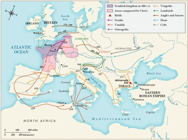 <strong>Which group invaded North Africa and, from there, across the Mediterranean Sea into present-day Italian territories? ​   ​</strong> A) The Franks B) The Vandals C) The Huns D) The Lombards <div style=padding-top: 35px> 