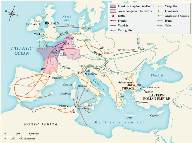 The Angles and the Saxons migrated to which of the following regions? ​   ​ A)  The Frankish Kingdom B)  Ireland C)  Britain D)  Thrace