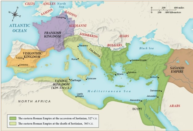 By the time of Justinian's death in 565 C.E., which of the following regions had come under the control of the eastern Roman Empire? ​   ​ A)  The Frankish Kingdom B)  The Vandal Kingdom C)  The Visigothic Kingdom D)  The Sasanid Empire