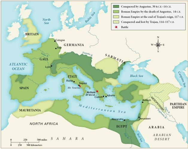 Which of the following statements is supported by this map? ​   ​ A)  The Roman Empire had lost a significant amount of territory by Augustus's death. B)  Frequent and destructive battles led to the loss of territory by the Roman Empire. C)  By the time of Augustus's death, the Roman Empire had expanded significantly. D)  By 117 C.E., the Roman Empire had expanded as far north as the Baltic Sea.