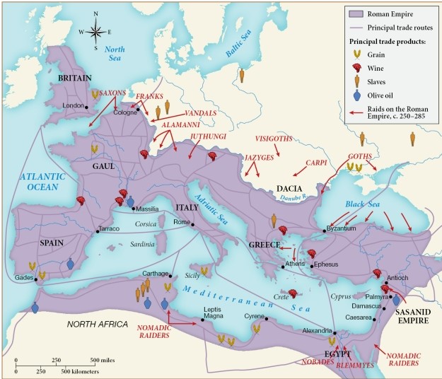 Based on this map, which of the following transactions would be the most likely? ​   ​ A)  Greece trading grain for olive oil from Britain. B)  Gaul trading olive oil for grain from Greece. C)  Egypt trading slaves for olive oil from Greece. D)  Spain trading grain for wine from Gaul.