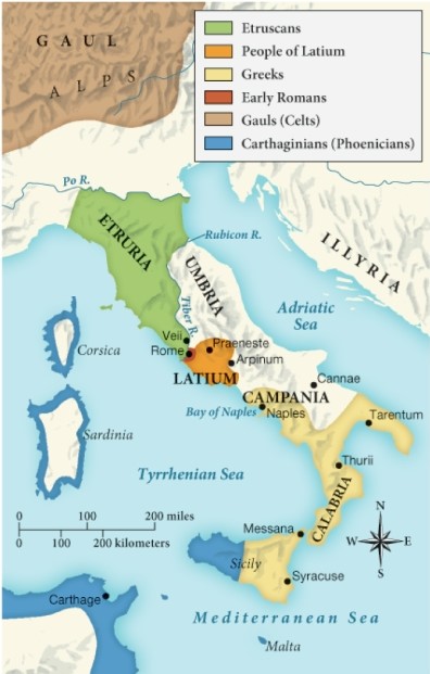 Which of the following statements is supported by this map? ​   ​ A)  In ancient Italy, Rome had very little control over territory. B)  Ancient Italy was largely run by the Carthaginians. C)  Most of ancient Italy was dominated by Roman influence. D)  The Gauls had a significant influence on ancient Italian culture.