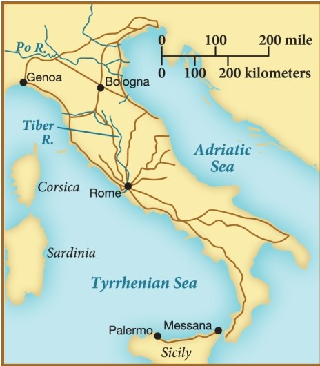This map of the Roman roads demonstrates what about the Roman republic around 110 B.C.E.? ​   ​ A)  The republic functioned with a series of large nodes in its road systems. B)  Major seaports dotted Italy at this time period. C)  Romans, despite impressive engineering feats, could not develop effective bridges. D)  All roads led to Rome, the economic, political, and cultural capital.