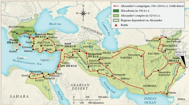 Which of the following statements can be justified by the map below? ​   ​ A)  Alexander focused his conquests on unknown territories. B)  First Alexander conquered Parthia then India and Anatolia. C)  Areas where great civilizations already existed were Alexander's targets. D)  A seaport was established on the Atlantic Ocean by Alexander.