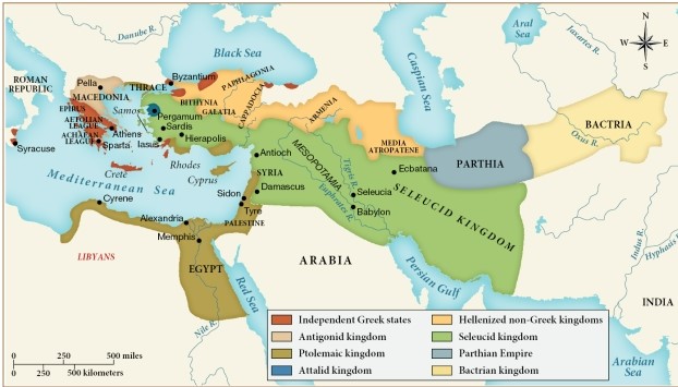 Which of the following regions likely benefitted the most from trade within the Mediterranean Sea? ​   ​ A)  The Parthian Empire B)  The Bactrian kingdom C)  The independent Greek states D)  The Hellenized non-Greek kingdoms