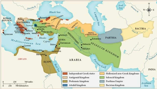 Which of the following kingdoms or empires likely posed the greatest threat of potential invasion and conquering to the Ptolemaic kingdom? ​   ​ A)  The Bactrian kingdom B)  The Parthian Empire C)  The Attalid kingdom D)  The Seleucid kingdom