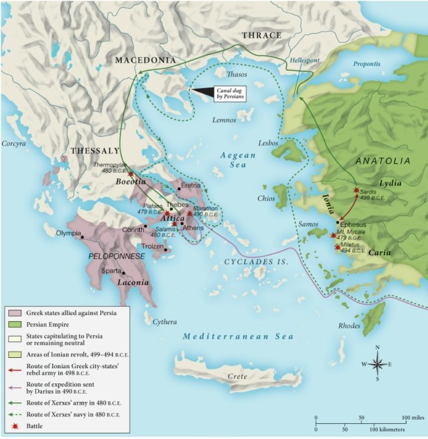 Which of the following was allied against Persia during the Persian Wars? ​   ​ A)  Anatolia B)  Laconia C)  Thessaly D)  Thrace