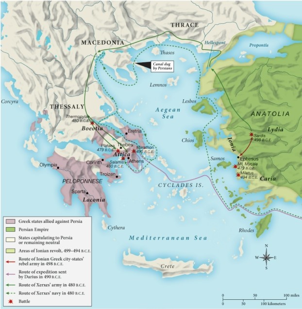 How did the Persian Empire attack the Greek states that had allied against Persia during the Persian Wars of 499 through 479 B.C.E.? ​   ​ A)  By sailing directly west into Athens to attack the coastal city-states. B)  By meeting Greek naval ships in the middle of the Aegean Sea. C)  By traveling north and west over land, then south through Macedonia and Thessaly into the Greek states. D)  By sailing south around Crete, then up into Peloponnese to attack.