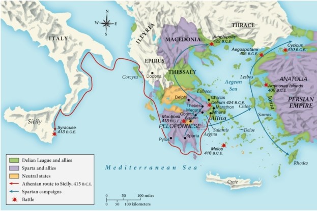 Macedonia, Thebes, and the Persian Empire were all allied with ​   ​ A)  Thrace. B)  Athens. C)  Sparta. D)  Italy.