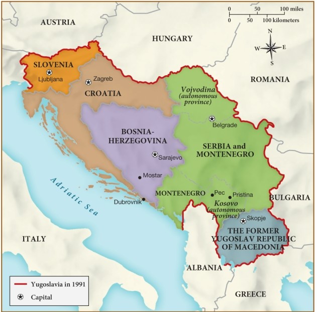 This map, of the post-cold war fracturing of Yugoslavia, demonstrates ​   ​ A)  nationalism declined as a potent force with the formation of the European Union. B)  the difficult ethnic tensions that emerged as peoples adapted to a communist society. C)  Italy's and Greece's rising role as the peacekeepers of Europe. D)  post-World War I diplomats did not entirely understand ethnic divisions in parts of eastern Europe.