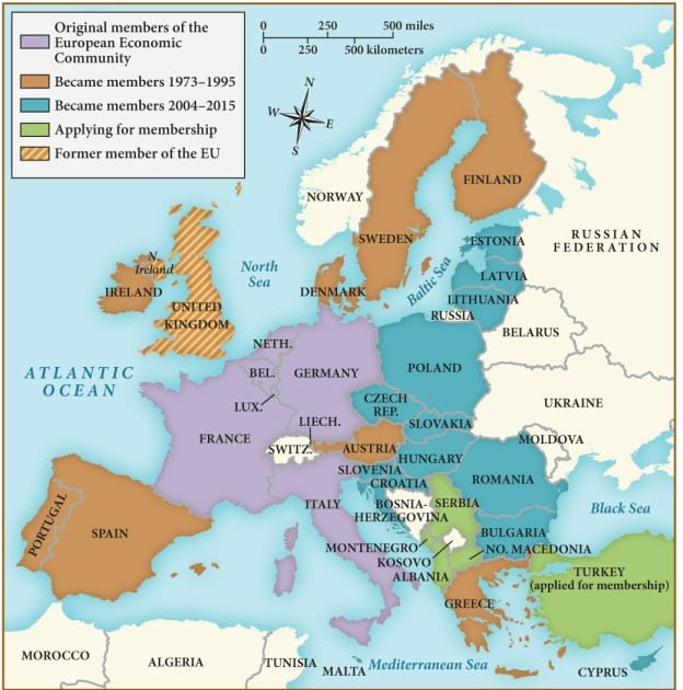 Which statement about the European Union (EU)  does this map substantiate? ​   ​ A)  By 2021, all independent states of Europe were part of the EU. B)  Some states from the Soviet bloc joined the EU before the fall of the Berlin Wall. C)  Central Europe was the foundational core of the EU. D)  Unification was unsuccessful, and many nations had left the EU by 2021.