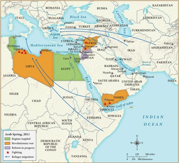Based on this map, which of the following statements best explains the migration of refugees from Somalia? ​   ​ A)  Somali refugees migrated north to Egypt, where they boarded planes for western nations like the United Kingdom or the United States. B)  Somali refugees migrated east across the Indian Ocean to seek asylum in India. C)  Somali refugees migrated northwest through war-torn Libya and across the Mediterranean Sea to Europe. D)  Somali refugees migrated northwest to north African states where oppressive regimes have already been toppled.