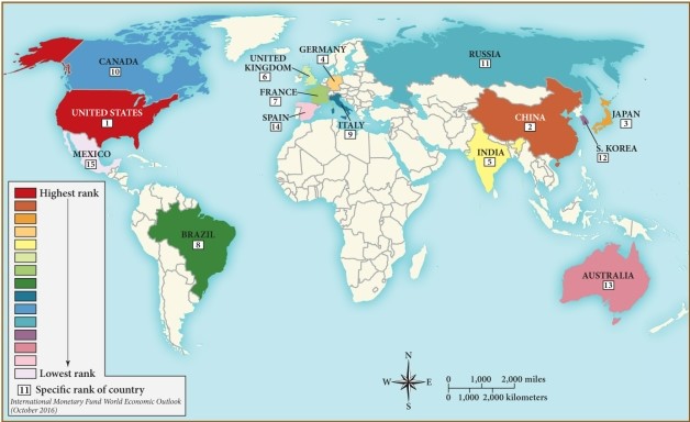 According to this map, which nation's economy lags the furthest behind the economy of the United States? ​   ​ A)  India B)  Brazil C)  Russia D)  Mexico