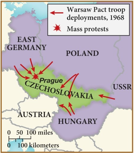 According to this map, who mobilized to Czechoslovakia in 1968 during the Prague Spring? ​   ​ A)  The United States military B)  Those countries who were party to the Treaty of Versailles C)  Members of the North Atlantic Treaty Organization D)  Nations that were part of the Warsaw Pact